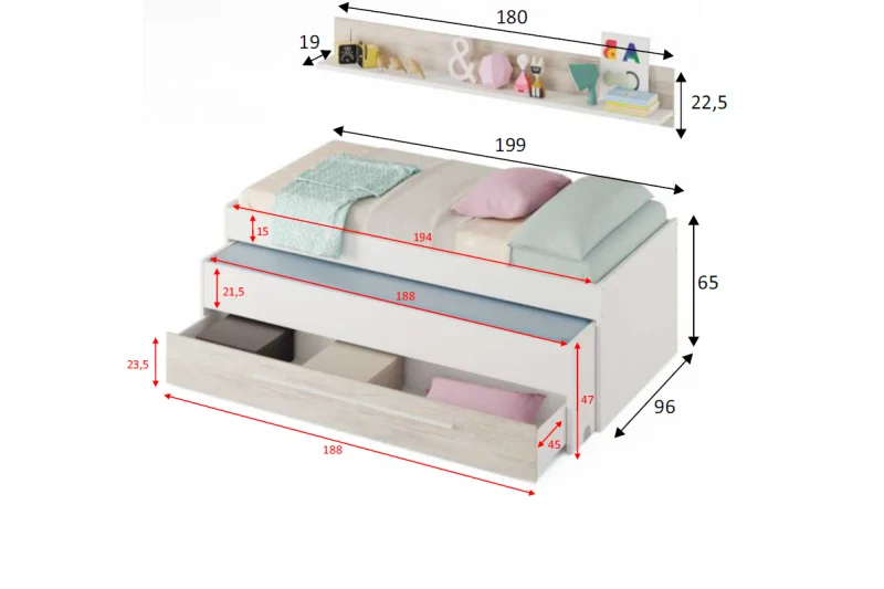 Cama doble Juvenil con Estante ELLIOT - Imagen 3