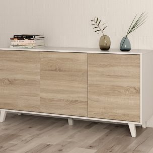 Aparador Zaiken 3 Puertas. Muebles Salon o Comedor, Blanco y Roble 154x75 cm